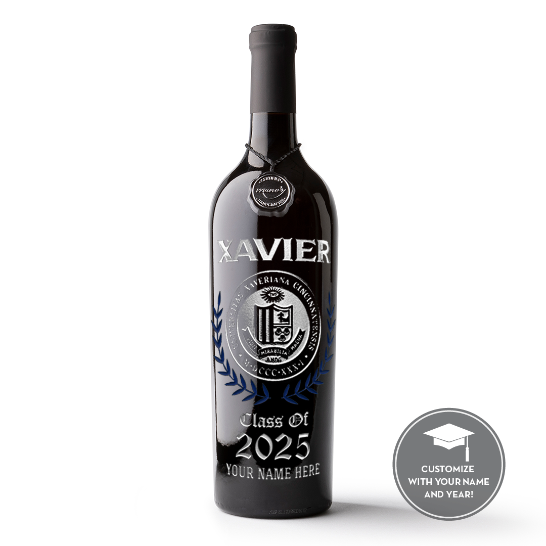 Xavier University Custom Alumni Etched Wine Bottle